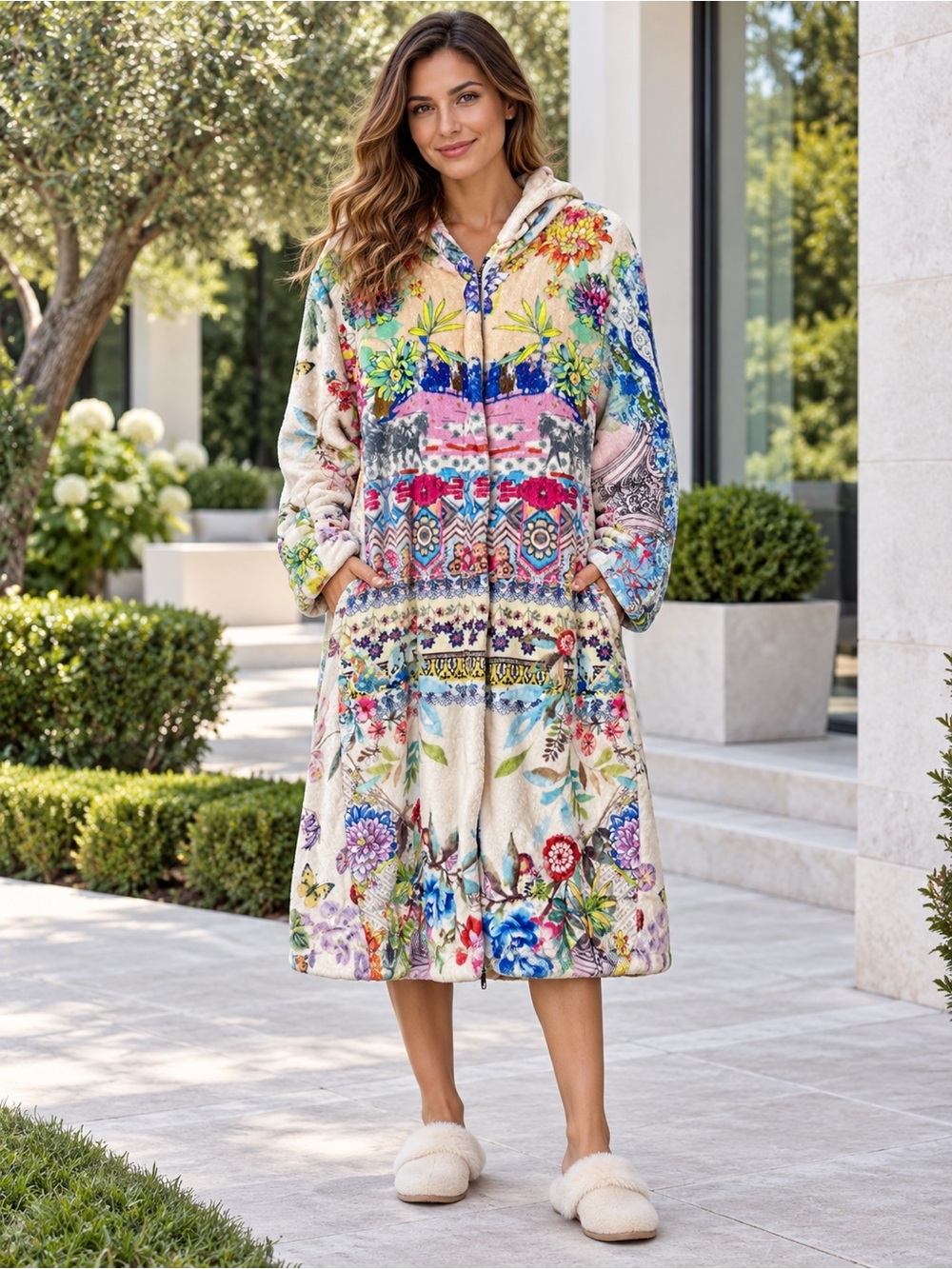 Biya Johnny Was Robe Multicolored Bird prints Hoodie Zip closure